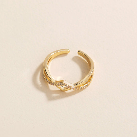 Golden Cross Ring Adjustable With Inlaid Zircon Stones Copper Wave Ring Women Gifting Elegant Jewelry For All