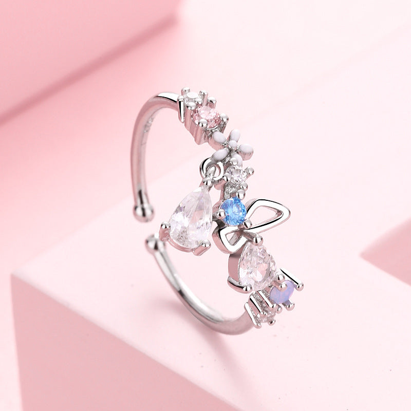 Womens Floral Wreath Ring Zircon Inlaid Copper Adjustable Romantic Japanese Inspired Elegant Jewelry For Festivals