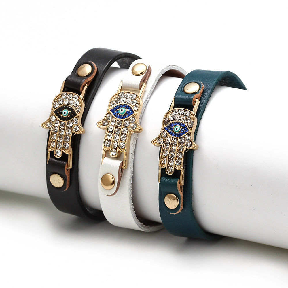 Womens Leather Palm Bracelet With Diamond Eyes Jewelry