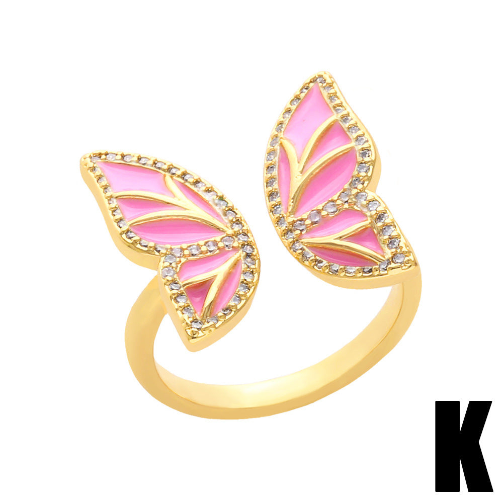 Women's Butterfly Ring Copper Adjustable Zircon Oil Drop Jewelry Elegant Fashion Accessory with Sparkling Zircon