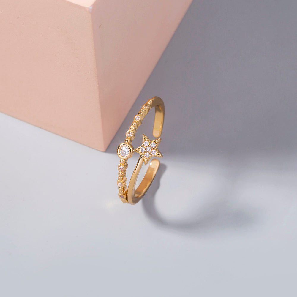 Womens Gold Pentagram Ring Copper Europe Inlaid Adjustable