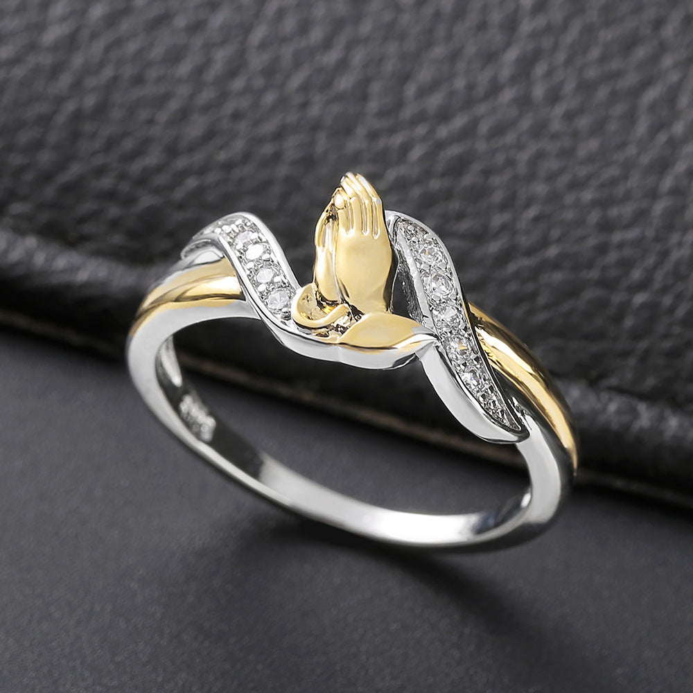 Womens Prayer Hands Ring Two Tone Copper Gold Plated