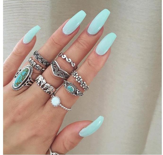Womens Silver Ring Set With Turquoise Elephant Flower Gem Geometric Retro Ethnic Jewelry Hand Accessories Sets