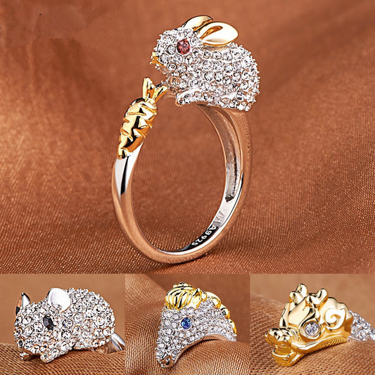 Rhinestone Zodiac Open Ring Silver Plated Crystal Ag925 Adjustable Size 16 Fashion Jewelry Sparkling Crystals Glow