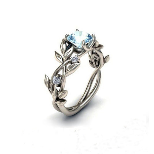 Womens Leaf Ring With Gemstones Inlaid And Diamond Detailing Sea Blue Alloy Jewelry For Her Souvenir Accessory