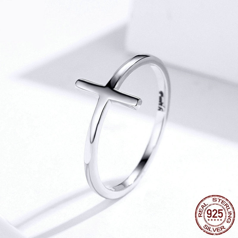 Womens Sterling Silver Cross Ring Platinum Plated Lightweight Everyday Jewelry 925 Silver Religious Gift Everyday Ring