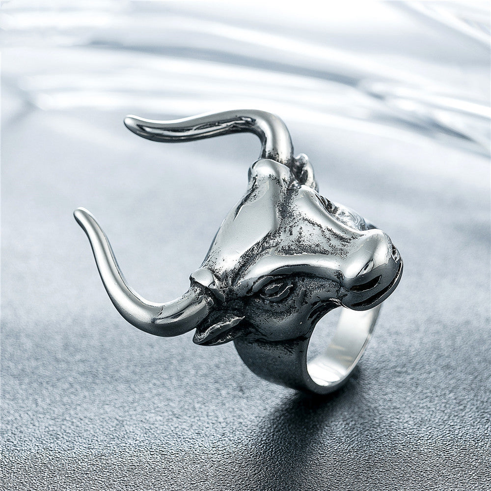 Retro Punk Bull Head Bull Men's Titanium Steel Ring