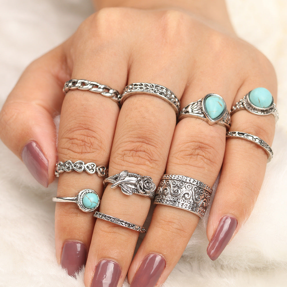 Vintage Turquoise Totem Flower Ring Ten Piece Joint Set