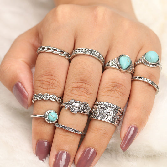 Vintage Turquoise Totem Flower Ring Ten Piece Joint Set