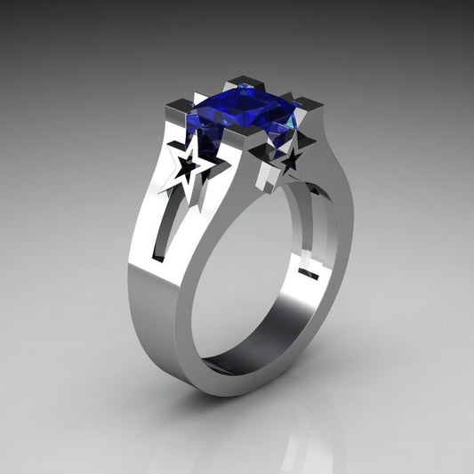 Plated Sapphire Simulated Diamond Ring With Copper Sterling Silver Inlay Unisex Style For Gift Sizes 6 7 8 9 10 11 12