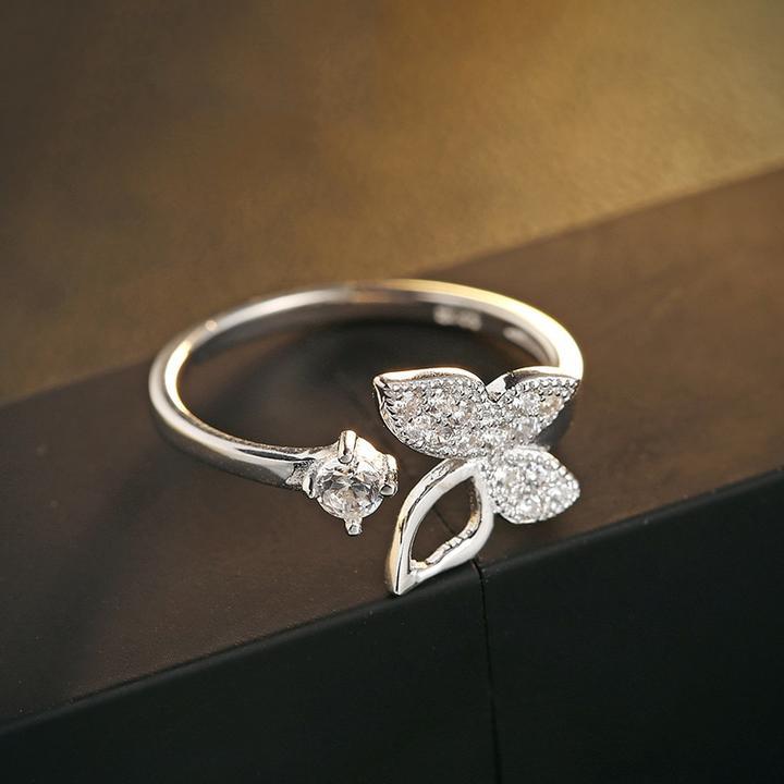 Sterling Silver Butterfly Ring Opening Band 925 Silver Zircon Gemstone Gift for Women and Girls Korean Style Jewelry