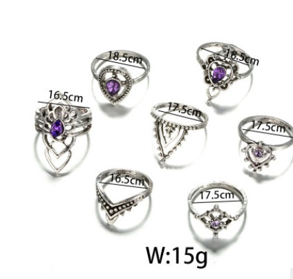 Womens Retro Purple Crystal Ring Set 7 Piece Hollow Flower Diamond Alloy Rings Fashion Jewelry Elegant Sparkle
