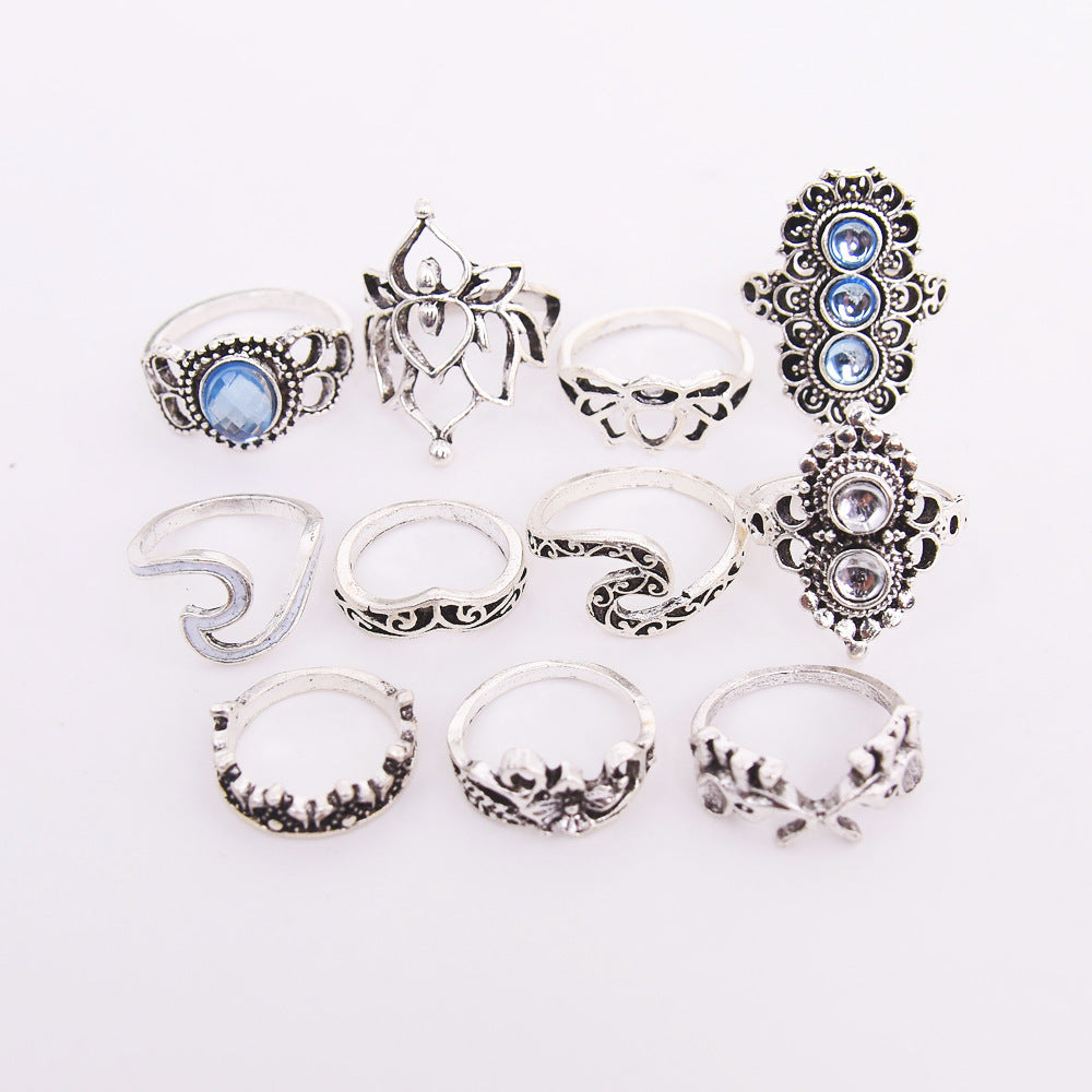 Unisex Vintage Rings Set 11 Pieces Alloy Crown Rings with Artificial Gemstones and Semi Precious Stones Gifted