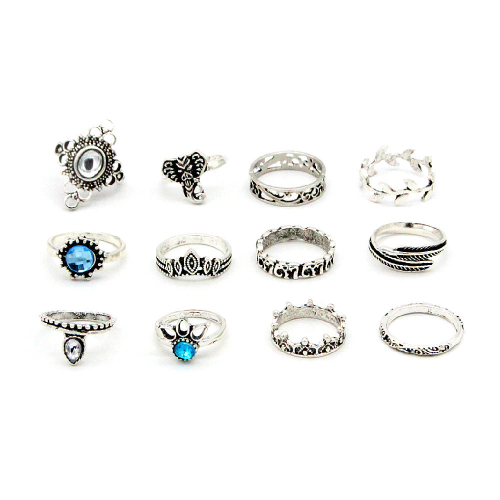 Womens Boho Vintage Gemstone Elephant Rings Alloy Geometric Statement Rings Electroplated Silver Ring Set Boho Ring Set