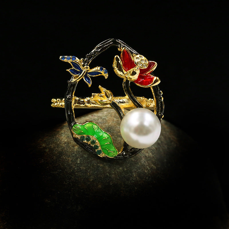 Vintage Brass Ring With Onyx And Zircon Carved Gemstone For Fashion Women European And American Style Timeless