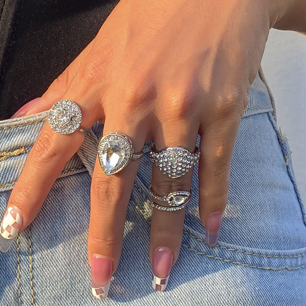 Womens Adjustable Knuckle Ring Geometric Gemstone Alloy Rhinestone Durable Elegant Modern Fashion Jewelry Gleaming