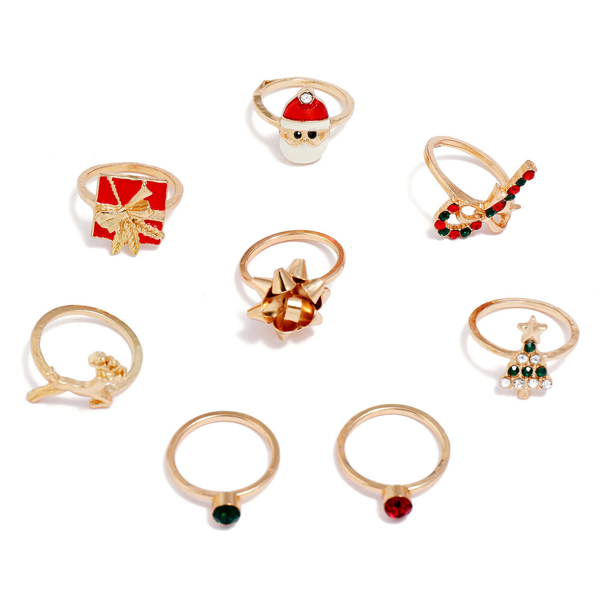 Women Fashion Ring Set 8 Piece Christmas Tree Ring Gift Wand Ring Santa Bowknot Elk Design Alloy Geometric Gem