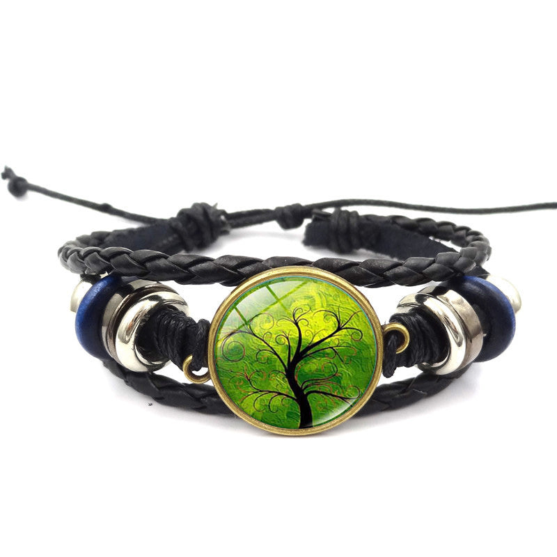 Tree of Life Handmade Multilayer Braided Leather Bracelet with Glass Charm Black Alloy Adjustable High Quality