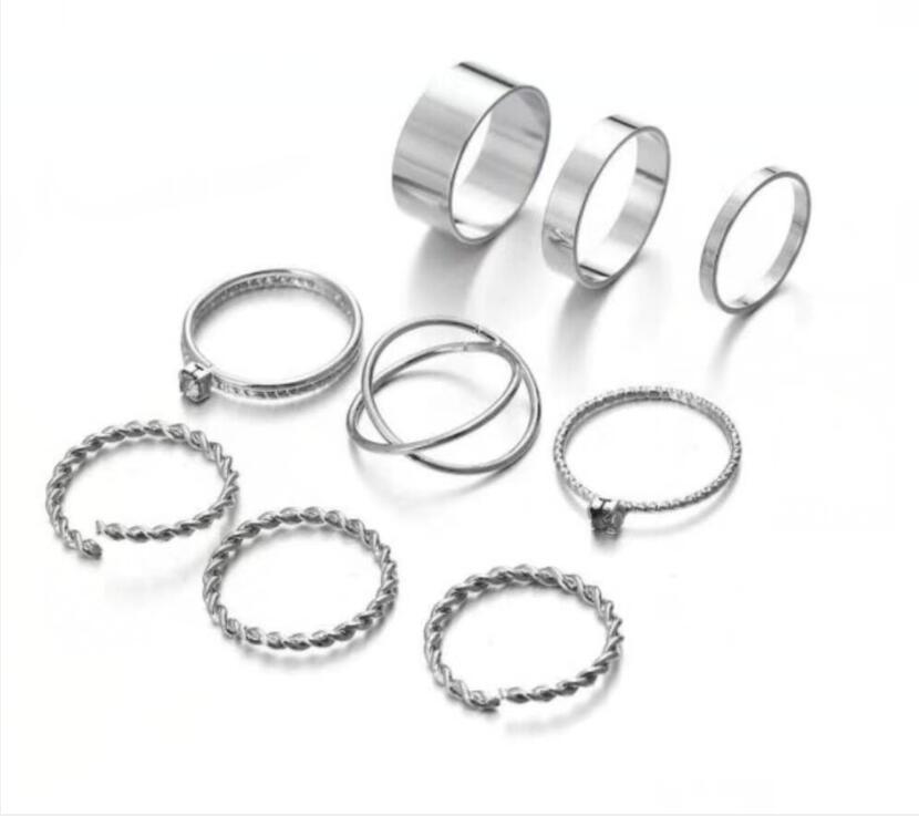 Winding Knot Ring Set 9 Piece Alloy Metal Rings With Artificial Gemstones Rhinestone Elements Wave Shaped Gold