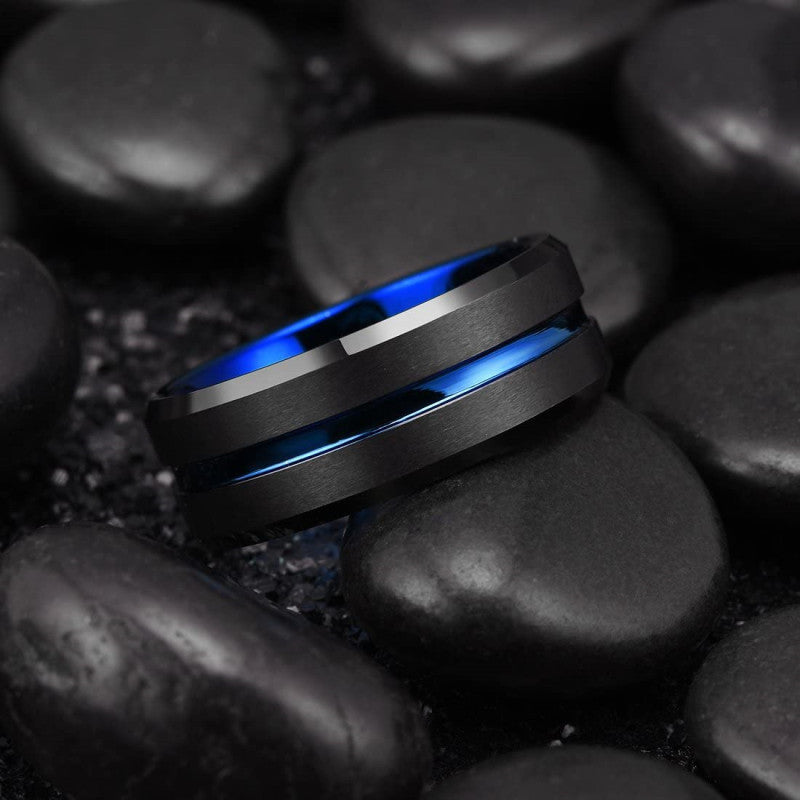 Two Tone Blue And Black Stainless Steel Ring Geometric Design For Men Fashion Jewelry Metal Band Statement Ring