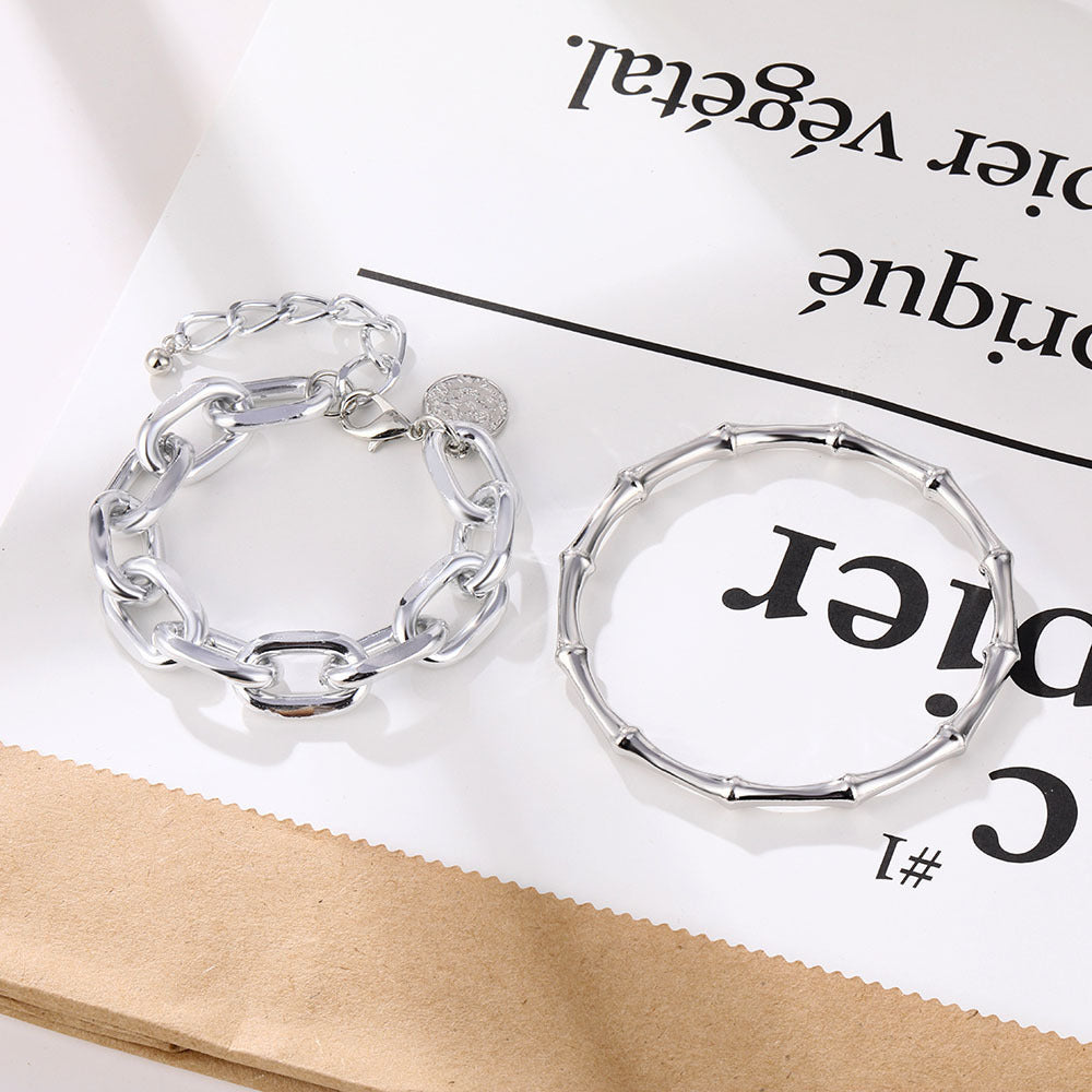 Womens Retro Coin Layered Bracelet Thick Chain With Bamboo Link Geometric Alloy Gold Shine Statement Accessory