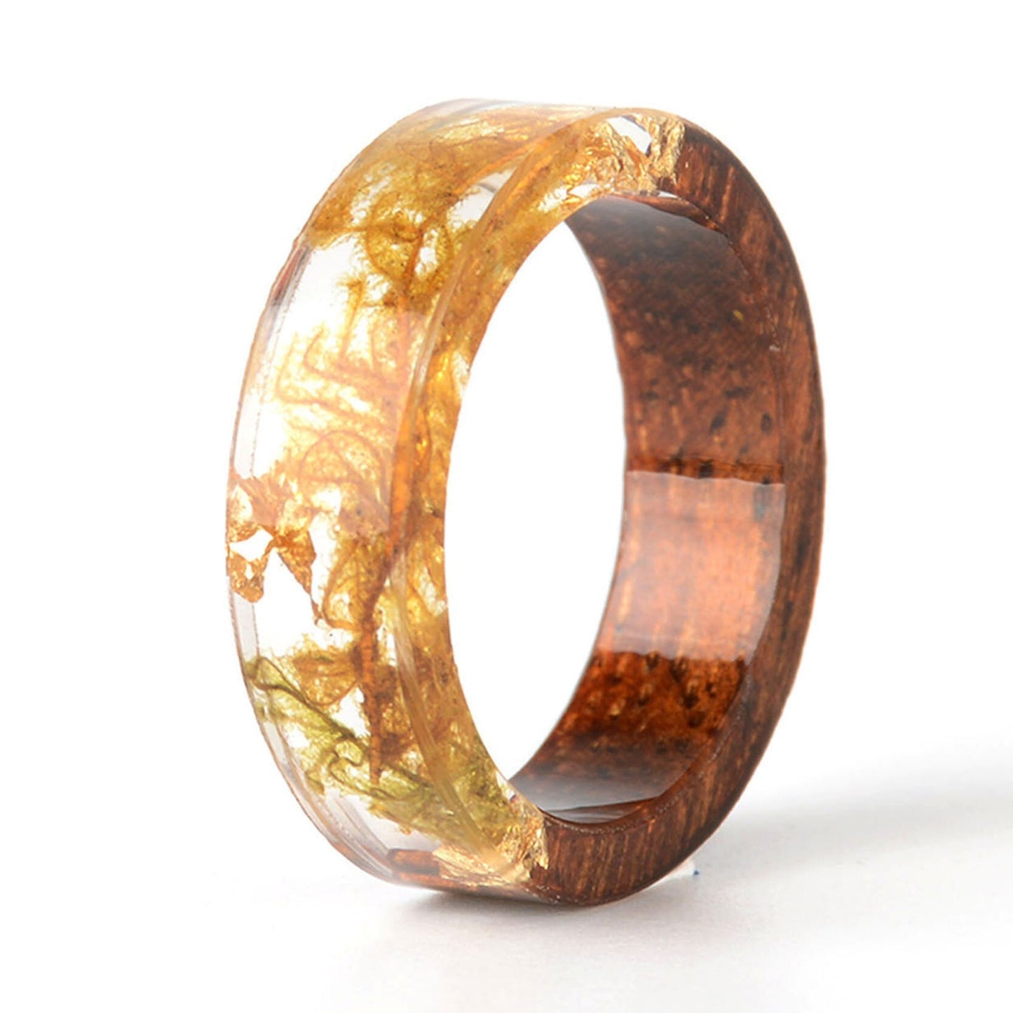 Womens Handmade Flower Resin Wood Ring Inside Gold And Silver Paper Unique Romantic Wedding Party Gift Jewelry