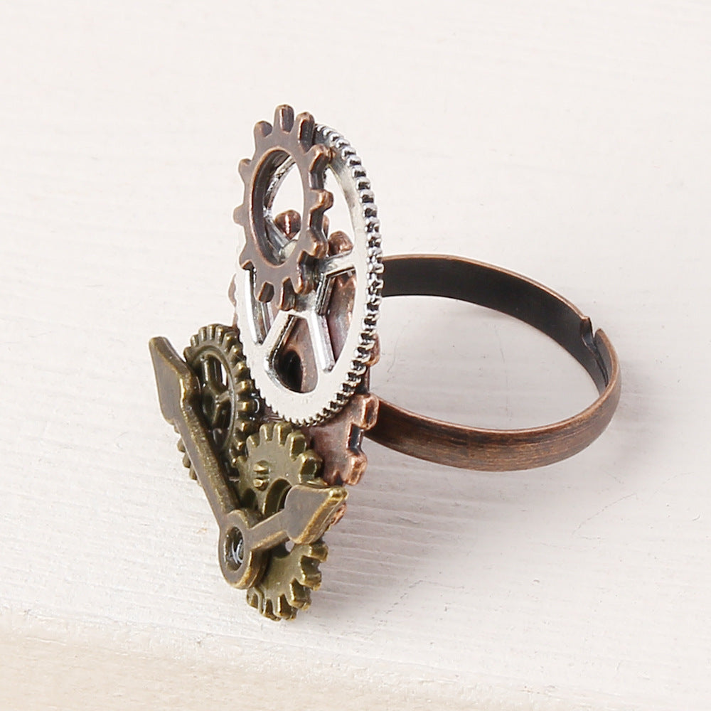 Womens Alloy Gear Ring With Retro Geometric Needle Design Electroplated Bronze Tone Inlaid Gem Vintage Elegant