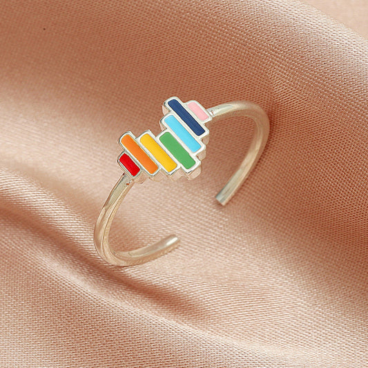Adjustable Copper Heart Ring For Women And Girls Cute Rainbow Drip Style Fashion Jewelry Elegant Style For Daily Wear