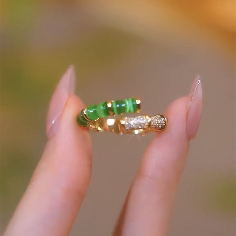 Green Bamboo Open Ring Chinese Style Gold Plated Copper Zircon Inlaid Exquisite Elegant Jewelry Gift For Her Alluring