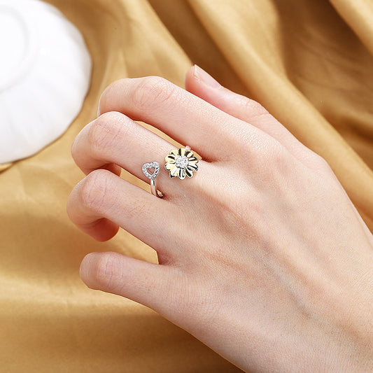 Silver Plated Sunflower Ring Adjustable Open Band Womens Jewelry with Zircon Accent Elegant Everyday Gift Ideas