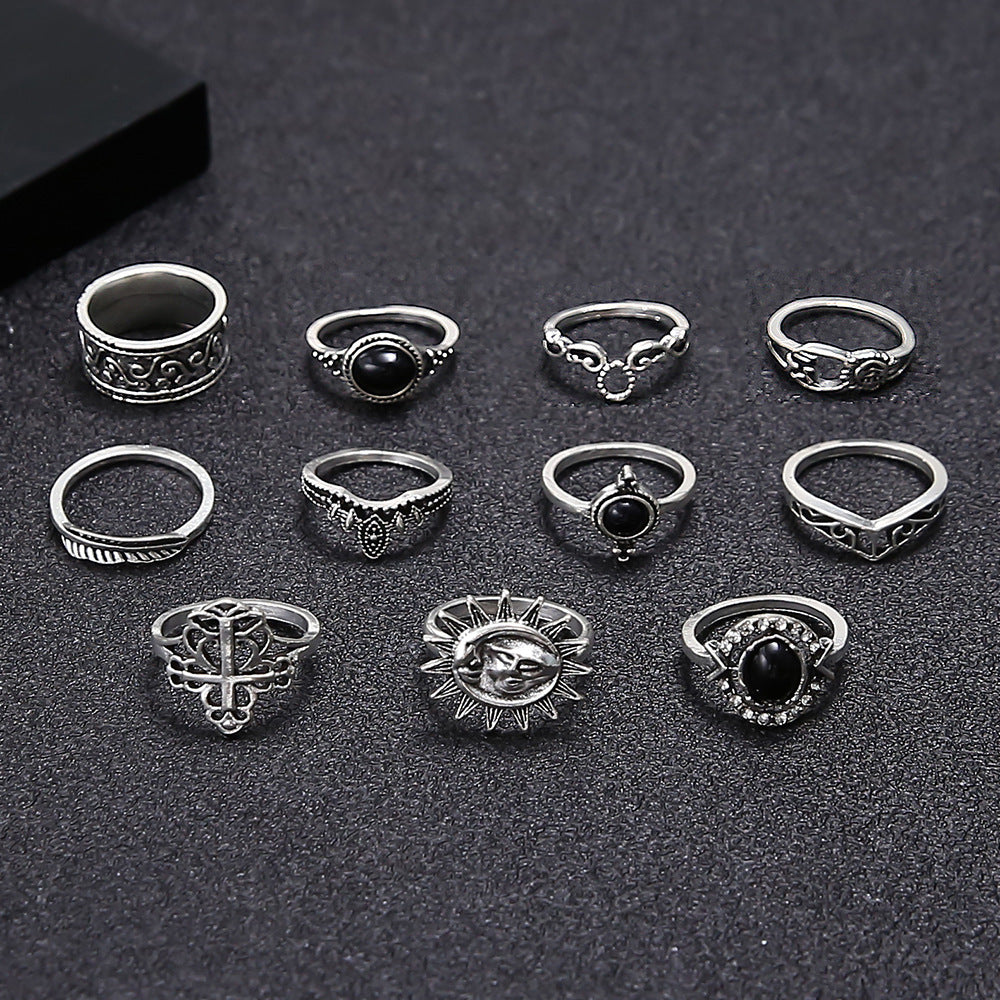 Womens Sunflower Ring Hollow Carved With Black Gemstone Micro Diamond Sun Smiley Face Geometric Design In Silver Alloy