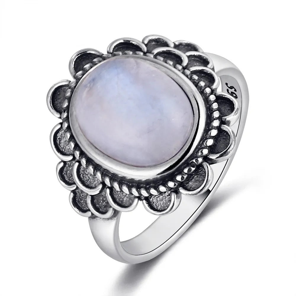 Moonstone Ring Vintage Wide Face Court Style Patterned Copper Electroplated Elegant Statement Jewelry Pure Glow