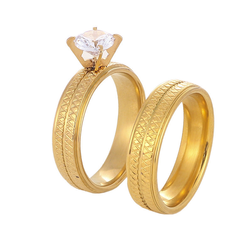 His And His Matching Rings Stainless Steel Couple Rings Diamond Argyle Pattern Gold Electroplated Matching Set