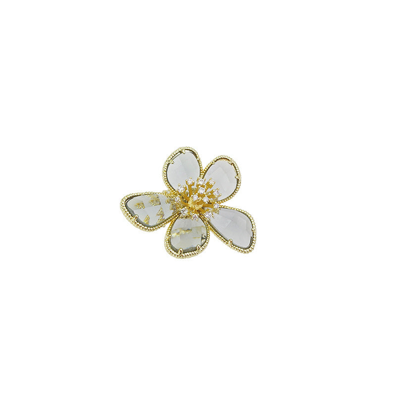 Adjustable Gold Plated Flower Ring with Gemstone Inlay Copper Statement Jewelry Exaggerated Petal Design Gifts