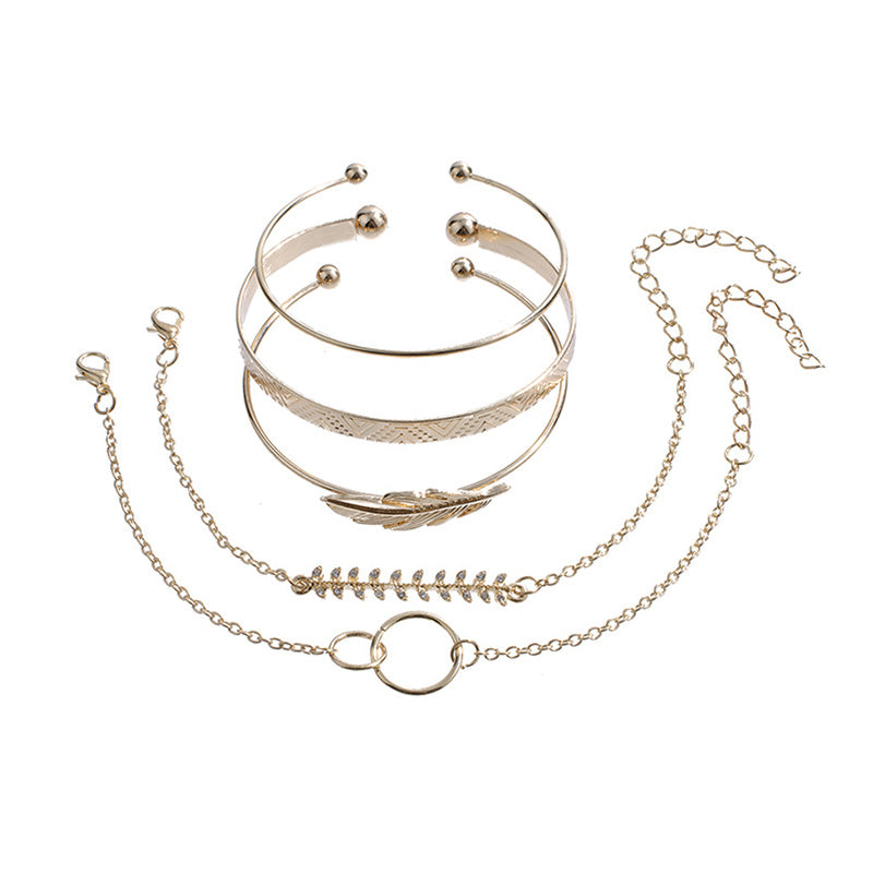 Womens FivePiece Bracelet Set With Wide LeafPattern Double Round Alloy Design Fashion Jewelry LeafBracelet Set