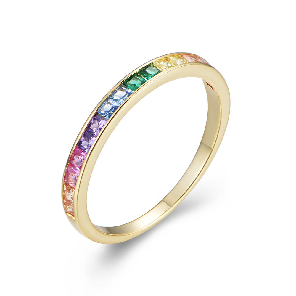 Sterling Silver Rainbow Zircon Ring Micro Set Square With Geometric Diamond Cut Design For Women Elegant Style