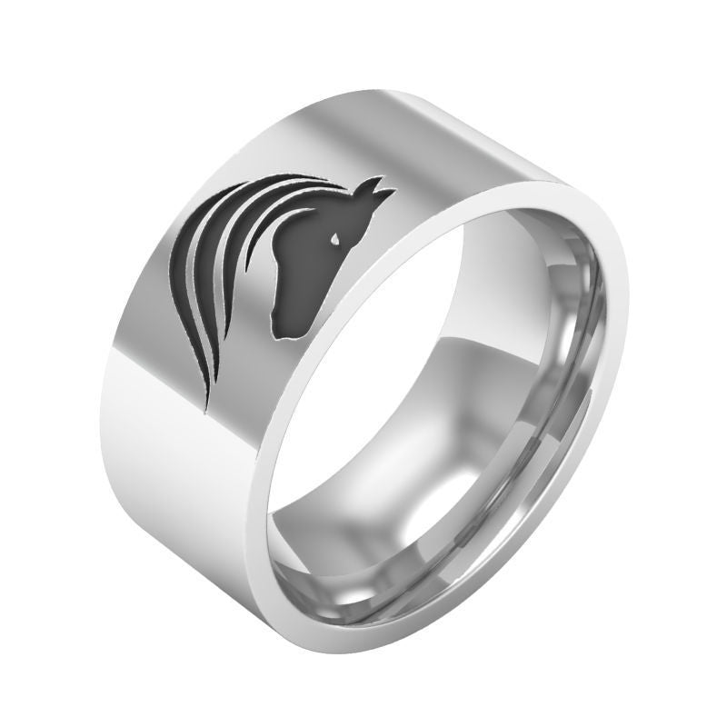 Titanium Steel Horse Logo Ring 8mm Wide Jewelry Band For Men Durable Style Classic Everyday Wear Style For Men