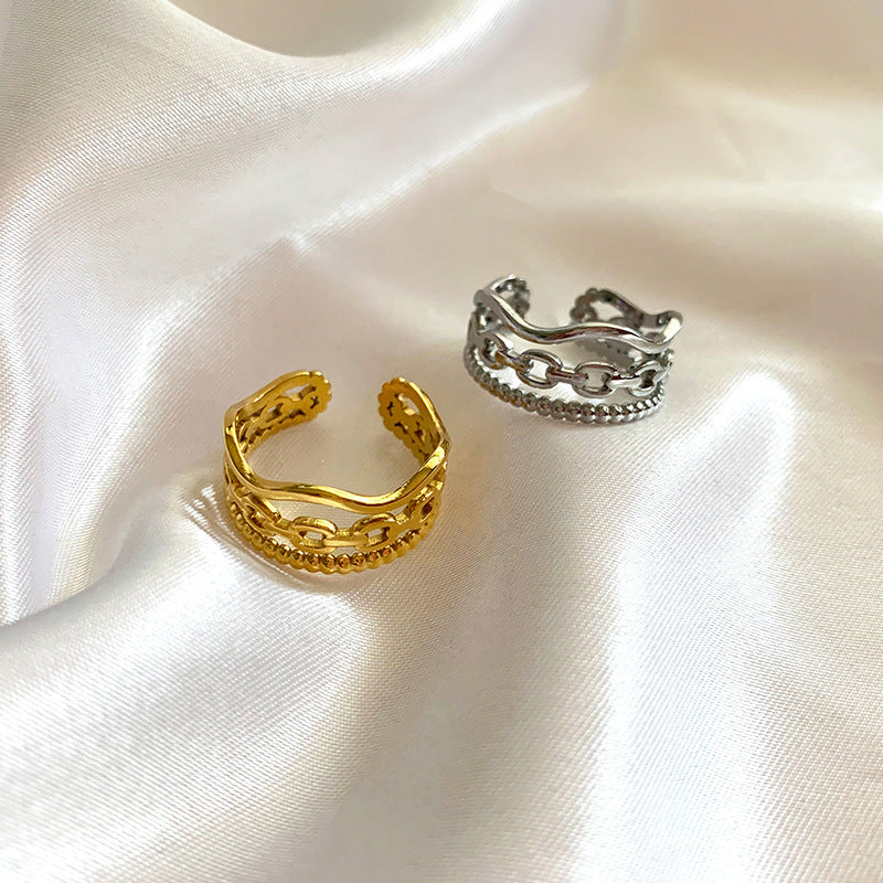 Three Layer Wave Ring With Hollow Beads Titanium Steel 18K Gold Plating Unisex Adjustable Geometric Lace Style