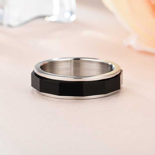 Mens Spinner Ring Stainless Steel Rotating Black Geometric