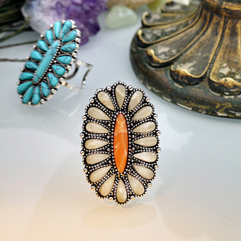 Retro Exaggerated Ring Colorful White Jade Turquoise Adjustable Opening Unisex Electroplated Statement Jewelry