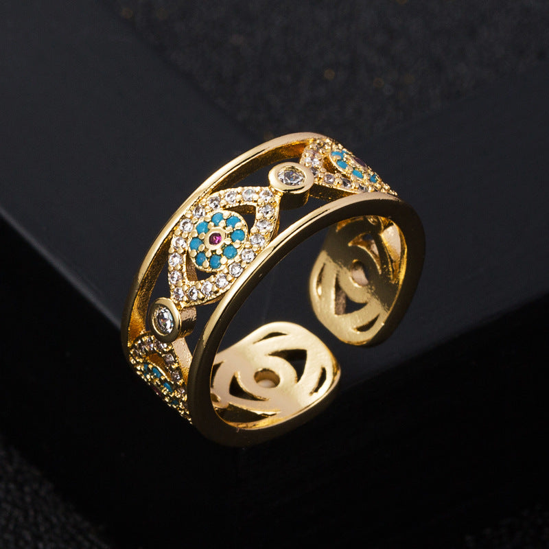 Gold Plated Copper Ring With Zircon Devils Eye Geometric Design For Unisex Fashion Jewelry Accessory Gift Idea