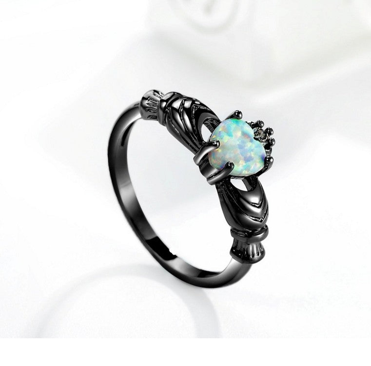 Womens Heart Opal Crown Ring Gunmetal Cocktail Jewelry Durable High Quality Elegant Style Gift For Ladies Chic