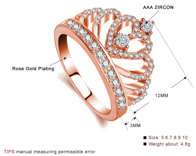Princess Style Cubic Zirconia Hollowing Heart Silver Rose Gold Crown Ring Jewelry for Party Engagement Wedding