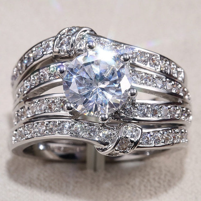 Womens Exaggerated Zircon Ring Set Fine Copper Statement Ring Fashion Jewelry Three Piece Ring For Women Party