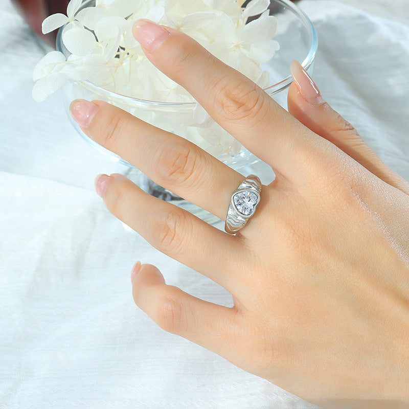 Women Heart Shaped Ring with Glass Stone Crystal Accent Titanium Steel Band Elegant Geometric Design Ideal Gift