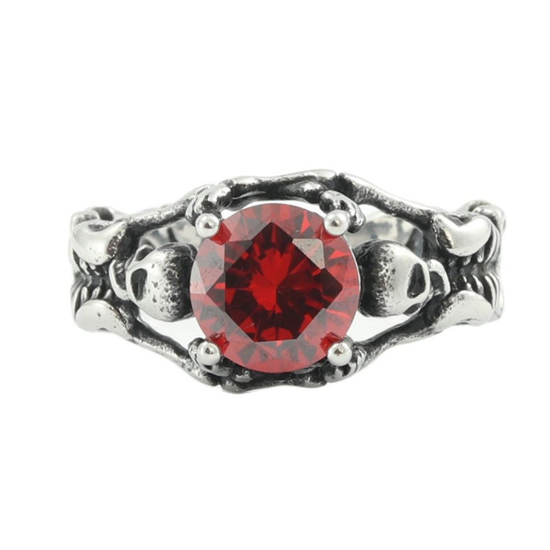 Titanium Steel Diamond Red Rock Ring Vintage Skull