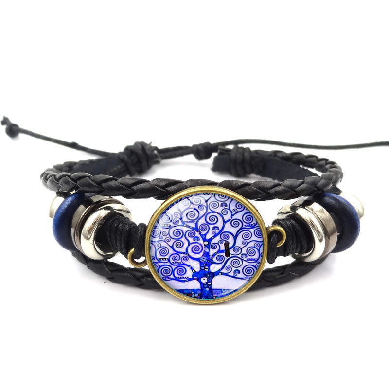 Tree of Life Handmade Multilayer Braided Leather Bracelet with Glass Charm Black Alloy Adjustable High Quality