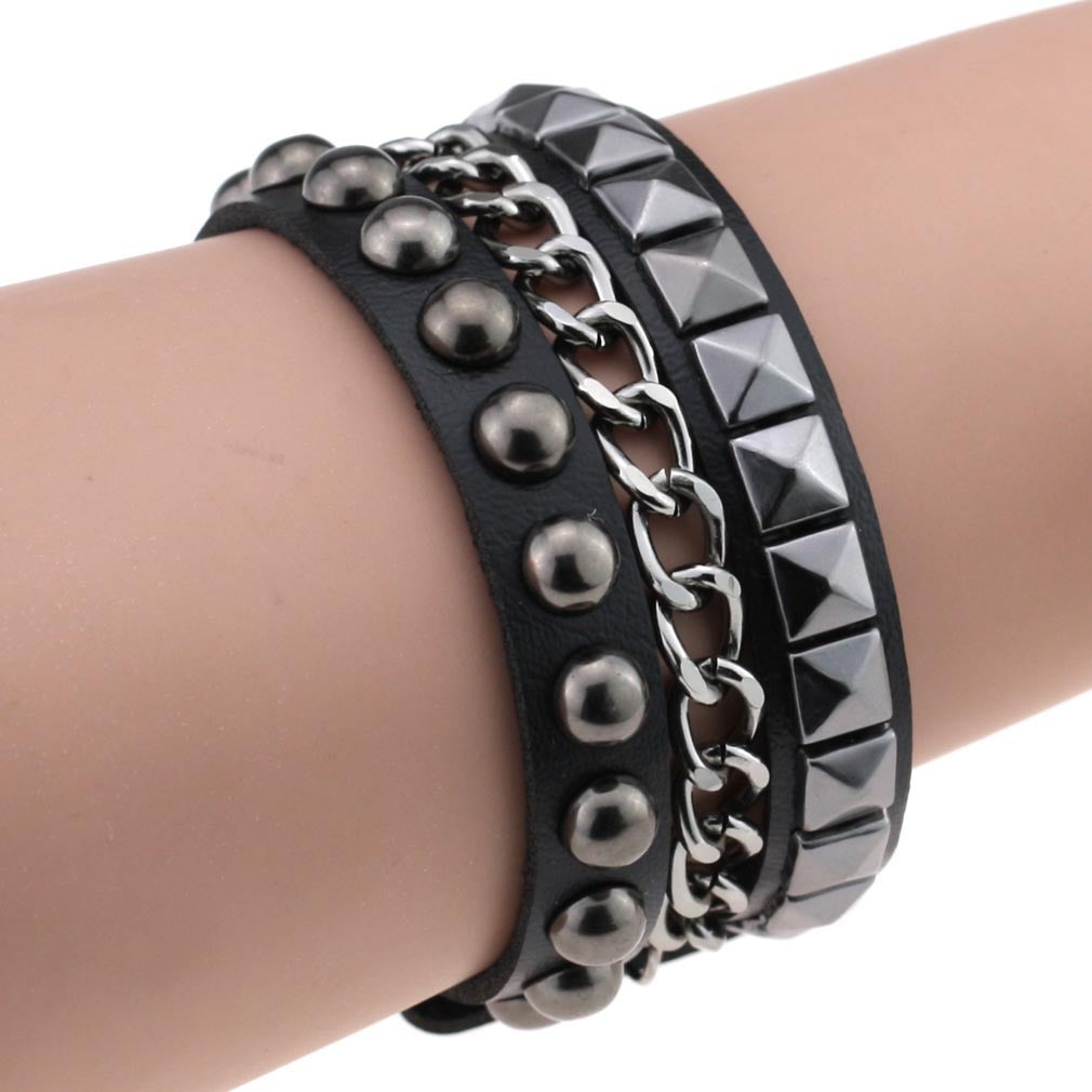Layered Rivet Leather Bracelet PU Metal Bangle 22cm