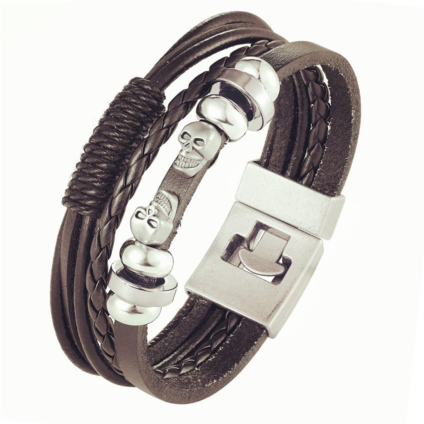 Mens Genuine Leather Bracelet Two Layer Cowhide Wristband Anti Friction Anti Oxidation 21cm Length Black Brown