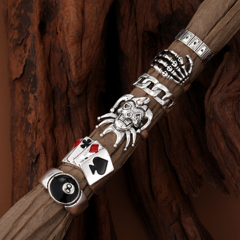 Unisex Alloy Poker Card Rings Set Of 6 Trendy Metal Plaid Ethnic Crown Skull Geometry Rainbow Designs Fashions